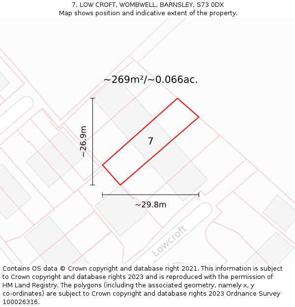 7, LOW CROFT, WOMBWELL, BARNSLEY, S73 0DX: Plot and title map