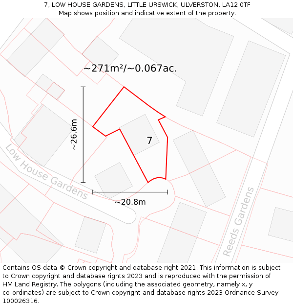7, LOW HOUSE GARDENS, LITTLE URSWICK, ULVERSTON, LA12 0TF: Plot and title map
