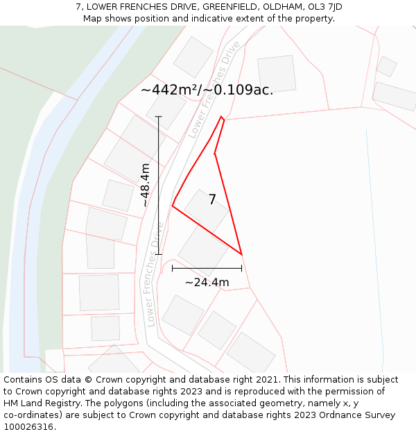 7, LOWER FRENCHES DRIVE, GREENFIELD, OLDHAM, OL3 7JD: Plot and title map