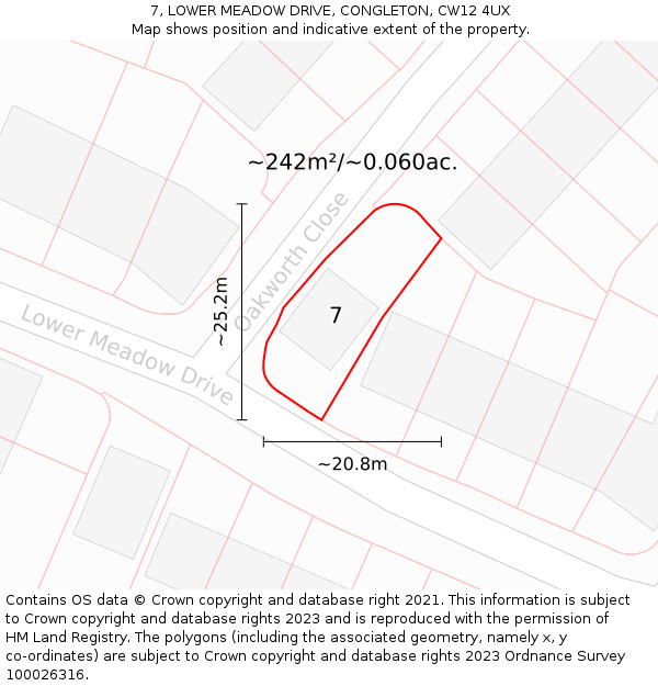 7, LOWER MEADOW DRIVE, CONGLETON, CW12 4UX: Plot and title map
