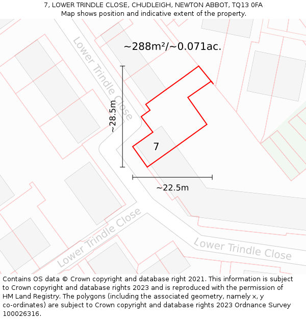 7, LOWER TRINDLE CLOSE, CHUDLEIGH, NEWTON ABBOT, TQ13 0FA: Plot and title map