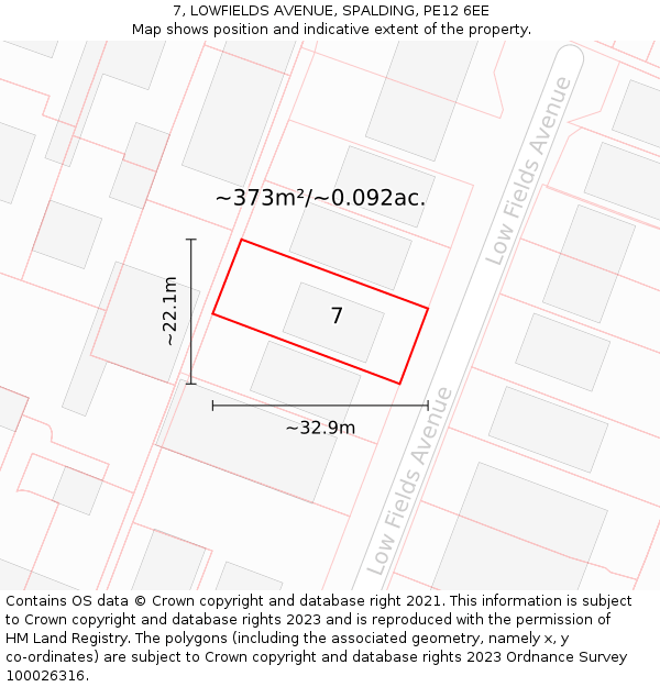 7, LOWFIELDS AVENUE, SPALDING, PE12 6EE: Plot and title map