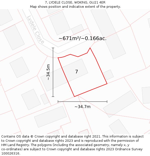 7, LYDELE CLOSE, WOKING, GU21 4ER: Plot and title map