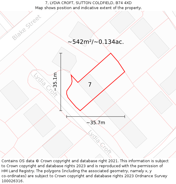 7, LYDIA CROFT, SUTTON COLDFIELD, B74 4XD: Plot and title map
