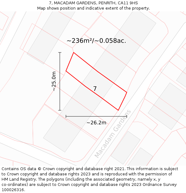 7, MACADAM GARDENS, PENRITH, CA11 9HS: Plot and title map