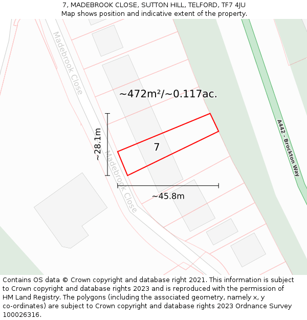 7, MADEBROOK CLOSE, SUTTON HILL, TELFORD, TF7 4JU: Plot and title map