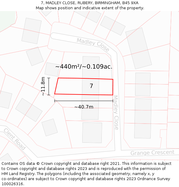 7, MADLEY CLOSE, RUBERY, BIRMINGHAM, B45 9XA: Plot and title map