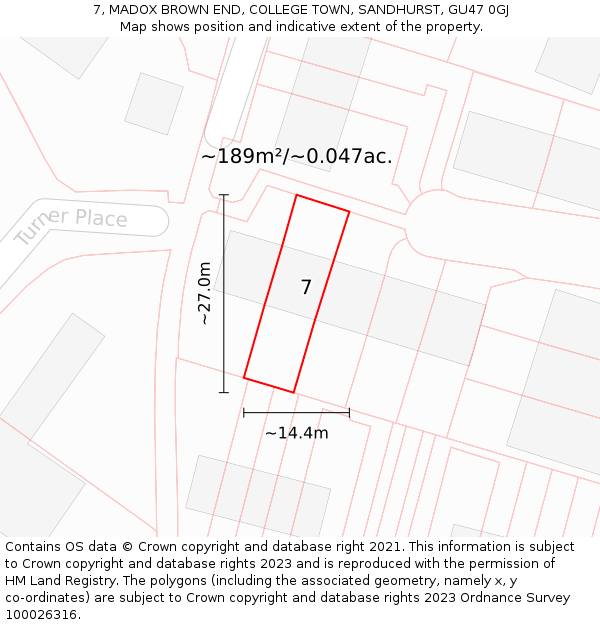 7, MADOX BROWN END, COLLEGE TOWN, SANDHURST, GU47 0GJ: Plot and title map