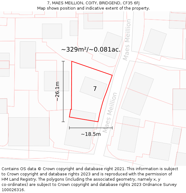 7, MAES MEILLION, COITY, BRIDGEND, CF35 6FJ: Plot and title map