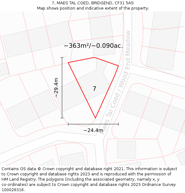 7, MAES TAL COED, BRIDGEND, CF31 5AS: Plot and title map
