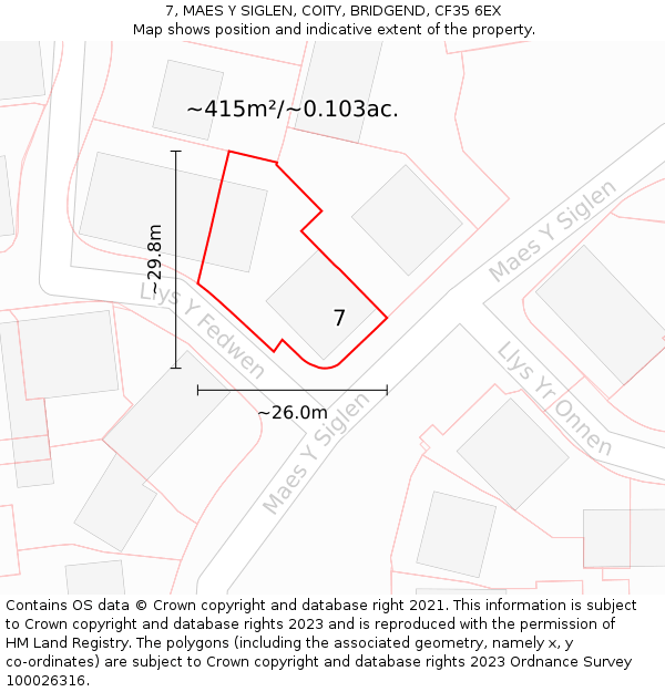 7, MAES Y SIGLEN, COITY, BRIDGEND, CF35 6EX: Plot and title map
