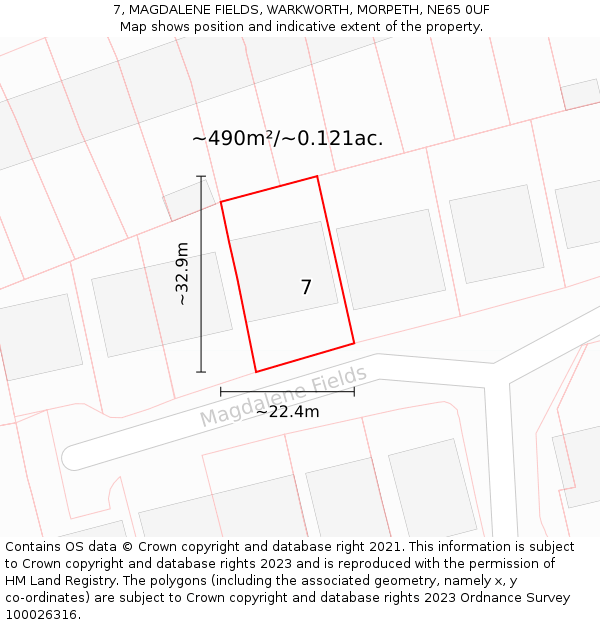 7, MAGDALENE FIELDS, WARKWORTH, MORPETH, NE65 0UF: Plot and title map