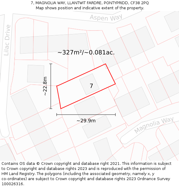 7, MAGNOLIA WAY, LLANTWIT FARDRE, PONTYPRIDD, CF38 2PQ: Plot and title map