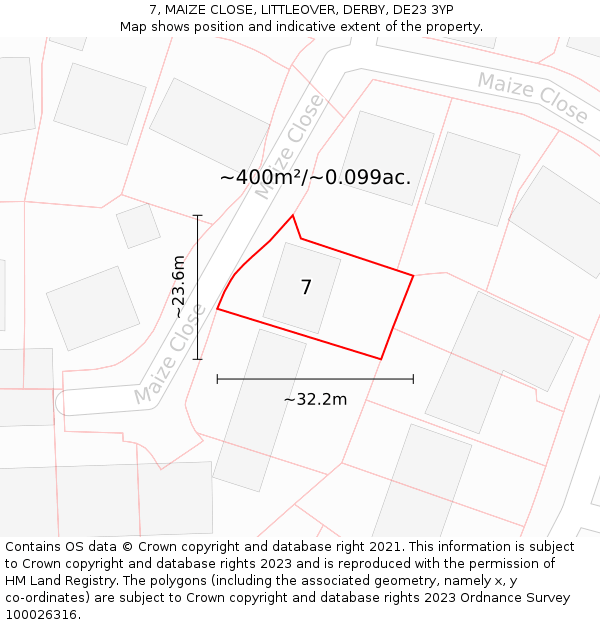 7, MAIZE CLOSE, LITTLEOVER, DERBY, DE23 3YP: Plot and title map