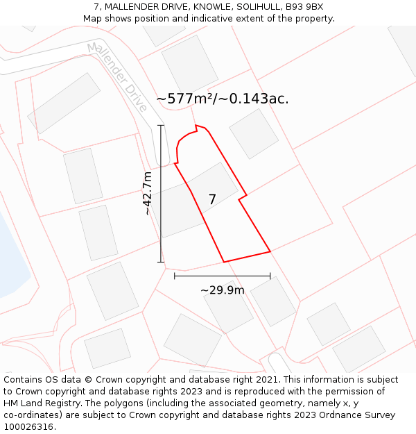 7, MALLENDER DRIVE, KNOWLE, SOLIHULL, B93 9BX: Plot and title map
