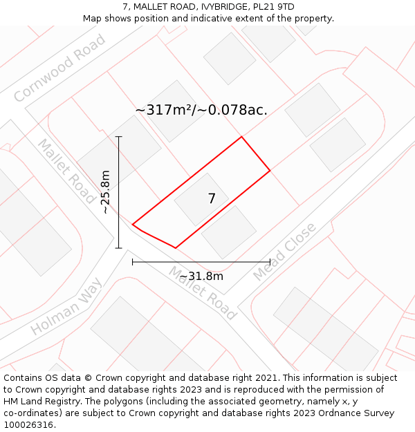 7, MALLET ROAD, IVYBRIDGE, PL21 9TD: Plot and title map
