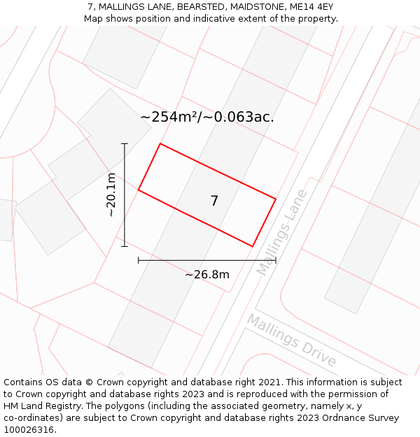 7, MALLINGS LANE, BEARSTED, MAIDSTONE, ME14 4EY: Plot and title map