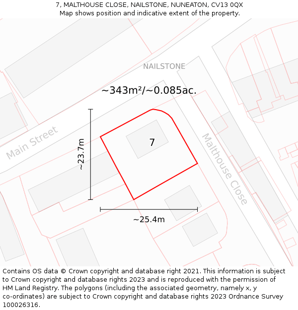 7, MALTHOUSE CLOSE, NAILSTONE, NUNEATON, CV13 0QX: Plot and title map
