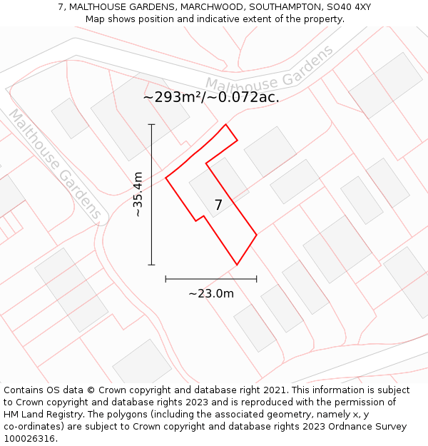 7, MALTHOUSE GARDENS, MARCHWOOD, SOUTHAMPTON, SO40 4XY: Plot and title map