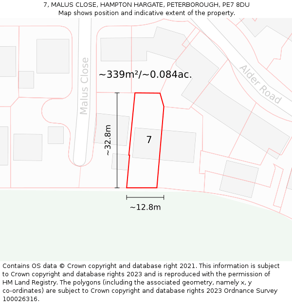 7, MALUS CLOSE, HAMPTON HARGATE, PETERBOROUGH, PE7 8DU: Plot and title map