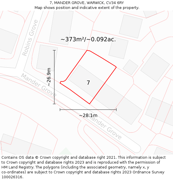 7, MANDER GROVE, WARWICK, CV34 6RY: Plot and title map