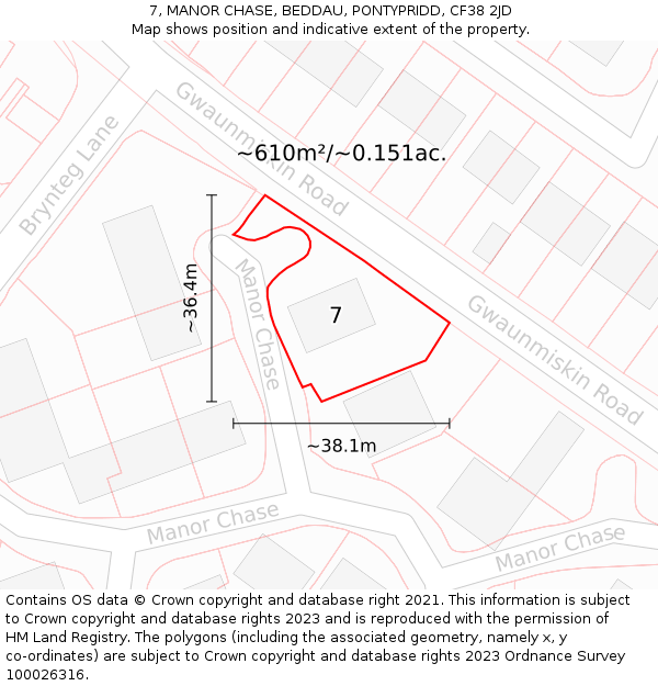 7, MANOR CHASE, BEDDAU, PONTYPRIDD, CF38 2JD: Plot and title map