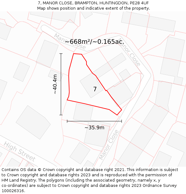7, MANOR CLOSE, BRAMPTON, HUNTINGDON, PE28 4UF: Plot and title map