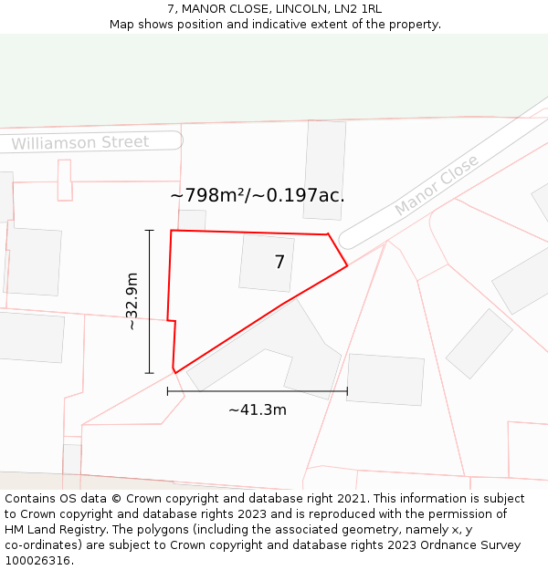 7, MANOR CLOSE, LINCOLN, LN2 1RL: Plot and title map