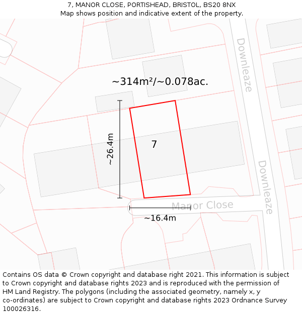 7, MANOR CLOSE, PORTISHEAD, BRISTOL, BS20 8NX: Plot and title map