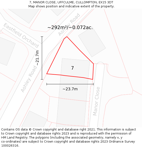 7, MANOR CLOSE, UFFCULME, CULLOMPTON, EX15 3DT: Plot and title map