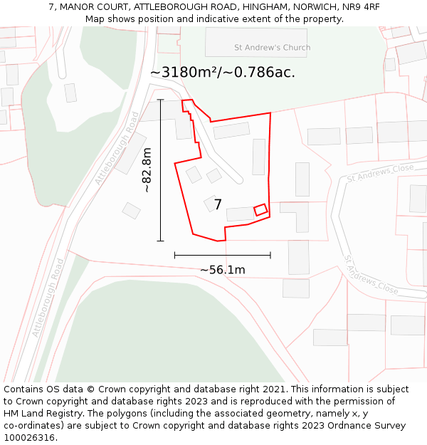 7, MANOR COURT, ATTLEBOROUGH ROAD, HINGHAM, NORWICH, NR9 4RF: Plot and title map
