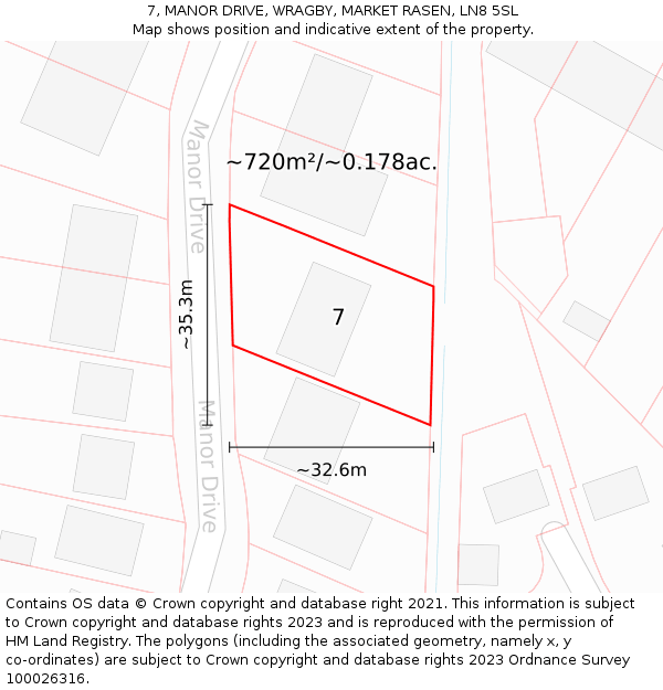 7, MANOR DRIVE, WRAGBY, MARKET RASEN, LN8 5SL: Plot and title map