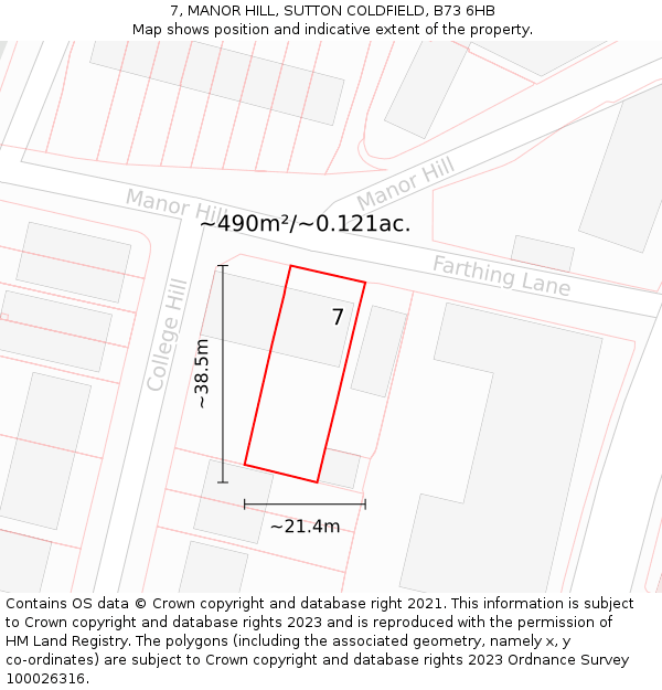 7, MANOR HILL, SUTTON COLDFIELD, B73 6HB: Plot and title map