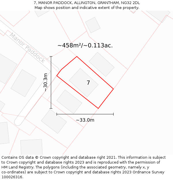 7, MANOR PADDOCK, ALLINGTON, GRANTHAM, NG32 2DL: Plot and title map