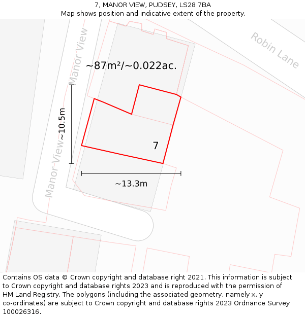 7, MANOR VIEW, PUDSEY, LS28 7BA: Plot and title map