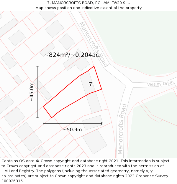 7, MANORCROFTS ROAD, EGHAM, TW20 9LU: Plot and title map