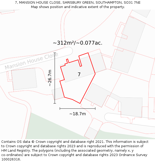 7, MANSION HOUSE CLOSE, SARISBURY GREEN, SOUTHAMPTON, SO31 7NE: Plot and title map