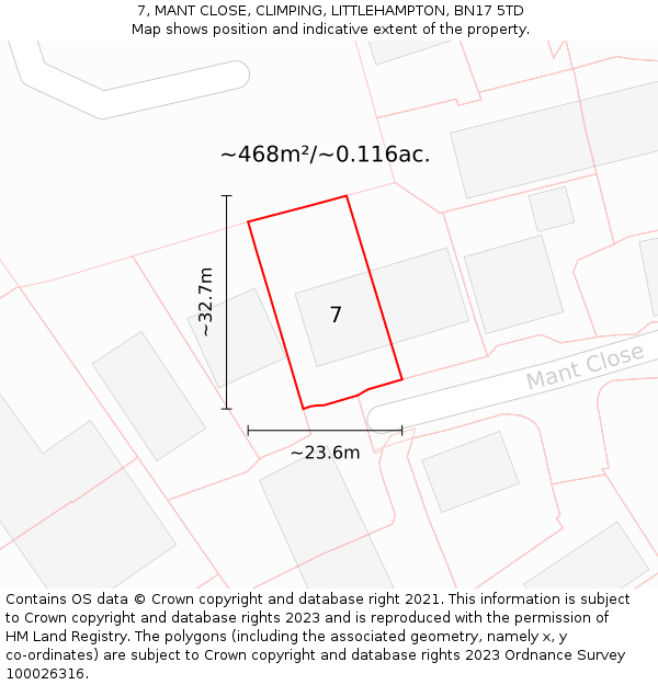 7, MANT CLOSE, CLIMPING, LITTLEHAMPTON, BN17 5TD: Plot and title map