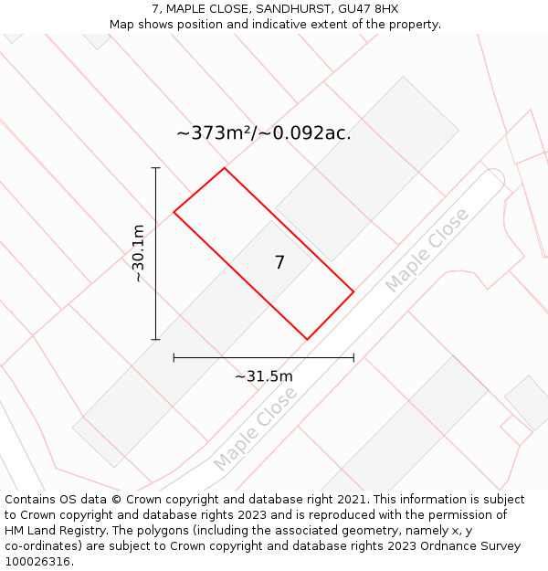 7, MAPLE CLOSE, SANDHURST, GU47 8HX: Plot and title map