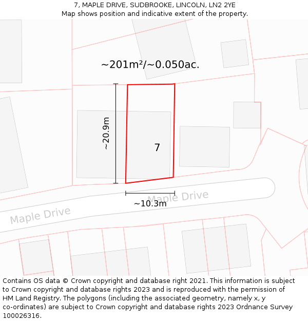 7, MAPLE DRIVE, SUDBROOKE, LINCOLN, LN2 2YE: Plot and title map