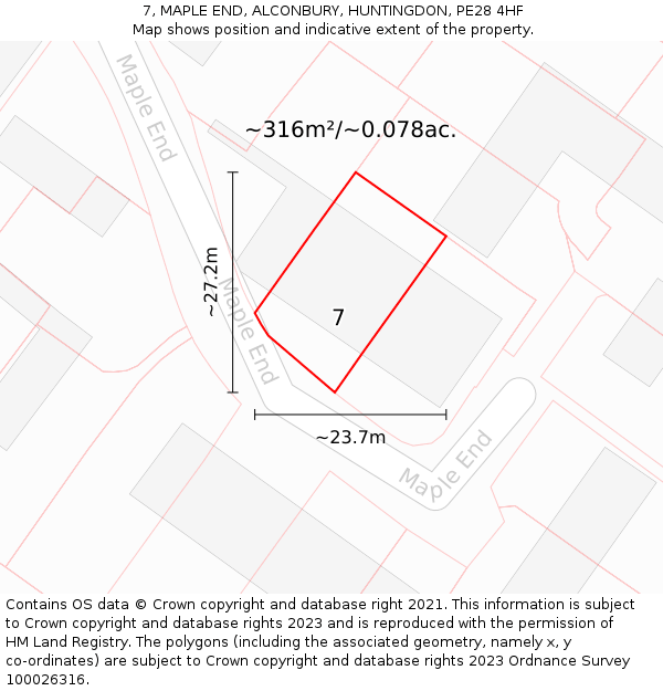 7, MAPLE END, ALCONBURY, HUNTINGDON, PE28 4HF: Plot and title map