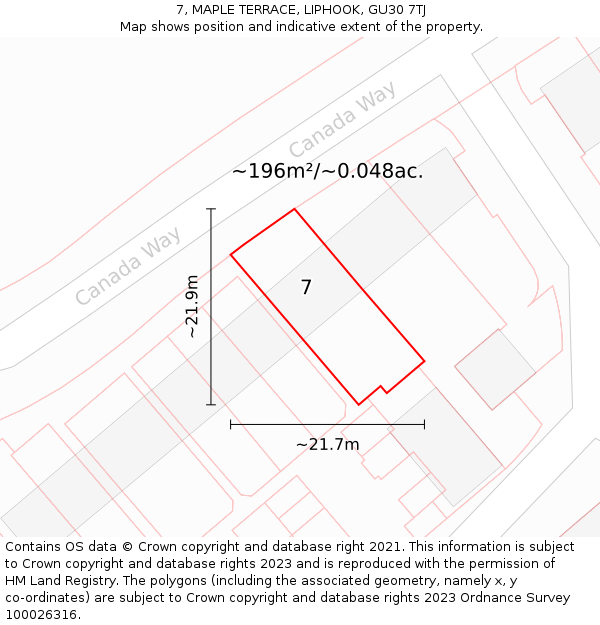 7, MAPLE TERRACE, LIPHOOK, GU30 7TJ: Plot and title map