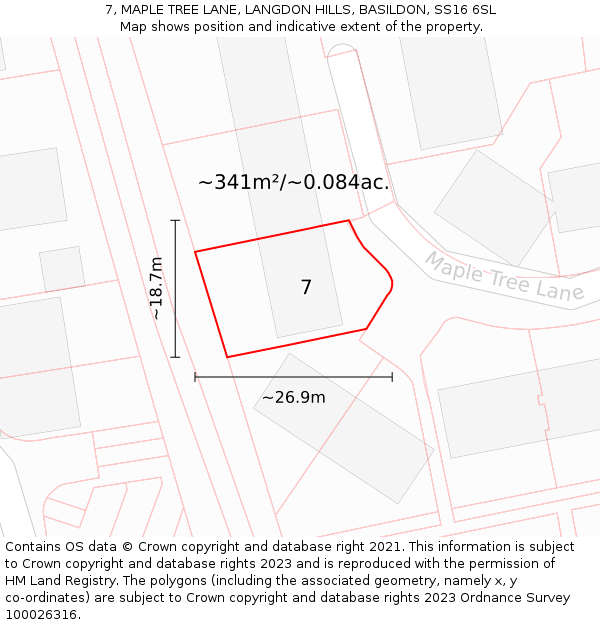 7, MAPLE TREE LANE, LANGDON HILLS, BASILDON, SS16 6SL: Plot and title map