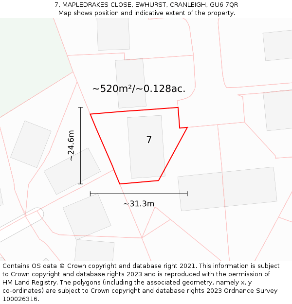 7, MAPLEDRAKES CLOSE, EWHURST, CRANLEIGH, GU6 7QR: Plot and title map