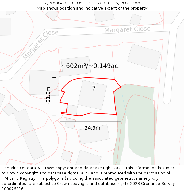 7, MARGARET CLOSE, BOGNOR REGIS, PO21 3AA: Plot and title map