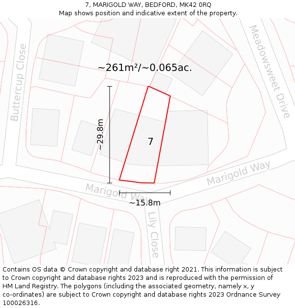 7, MARIGOLD WAY, BEDFORD, MK42 0RQ: Plot and title map