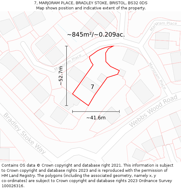 7, MARJORAM PLACE, BRADLEY STOKE, BRISTOL, BS32 0DS: Plot and title map