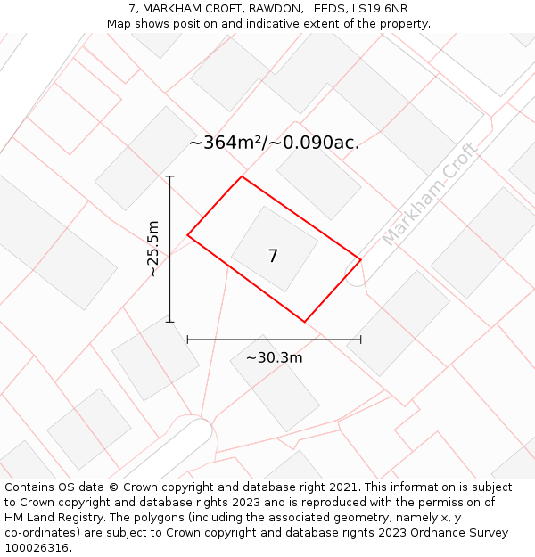 7, MARKHAM CROFT, RAWDON, LEEDS, LS19 6NR: Plot and title map