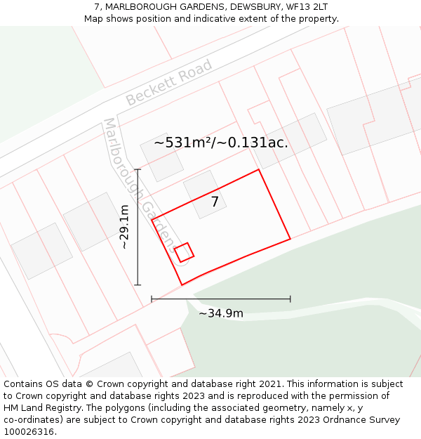7, MARLBOROUGH GARDENS, DEWSBURY, WF13 2LT: Plot and title map