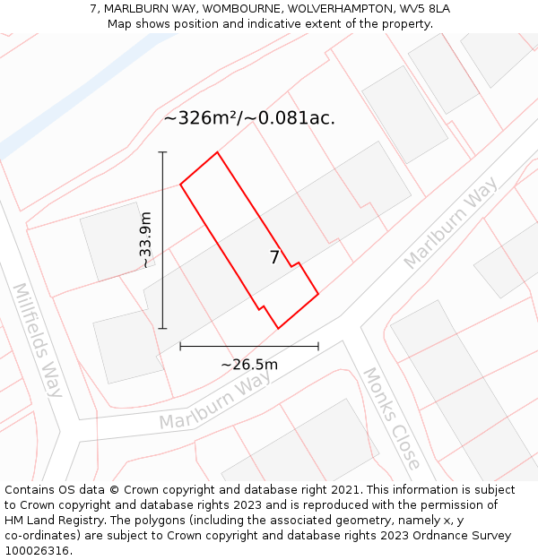 7, MARLBURN WAY, WOMBOURNE, WOLVERHAMPTON, WV5 8LA: Plot and title map